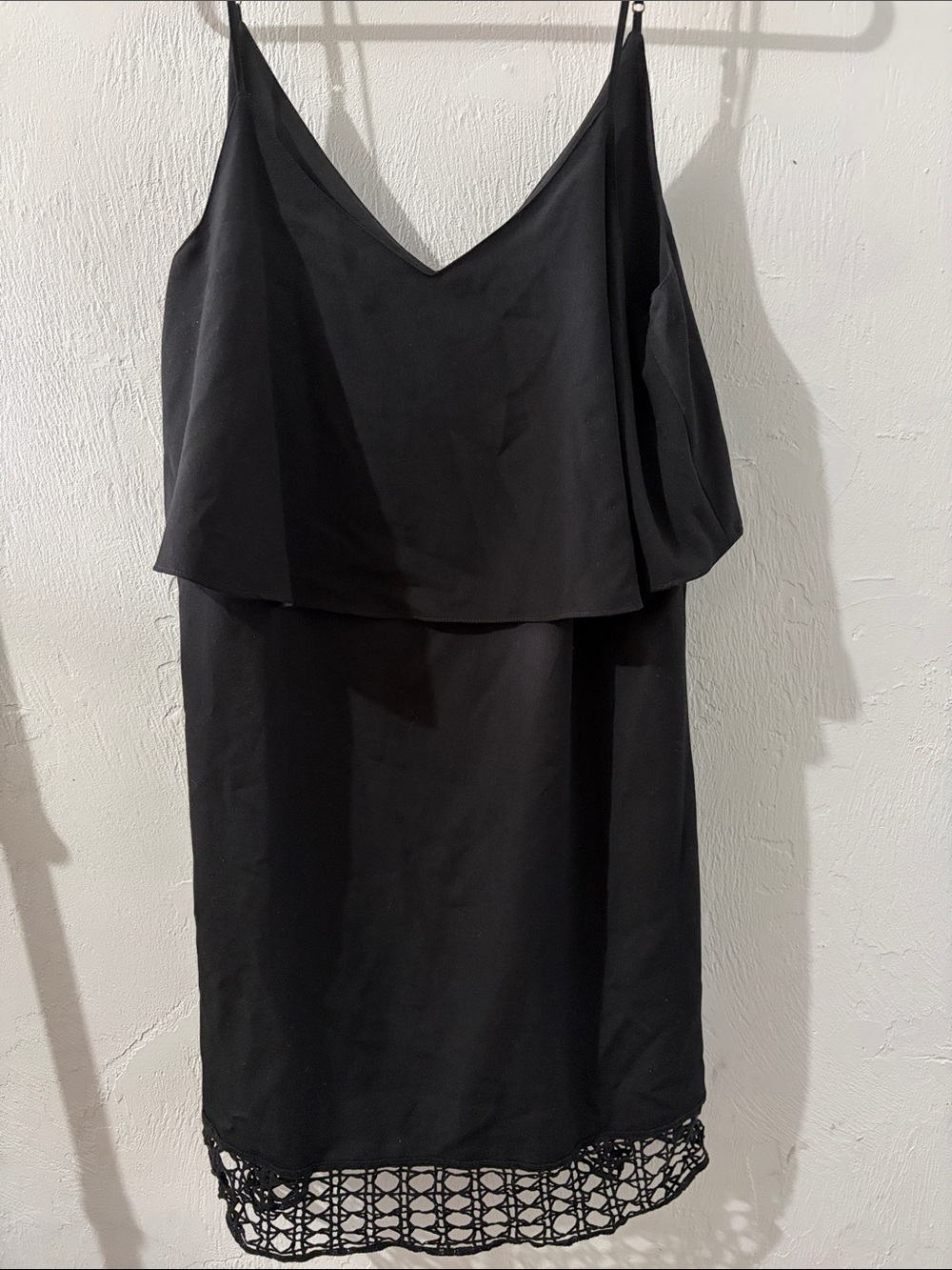 1. State Black Spaghetti-Strap Mini Dress with Crochet Hem Detail